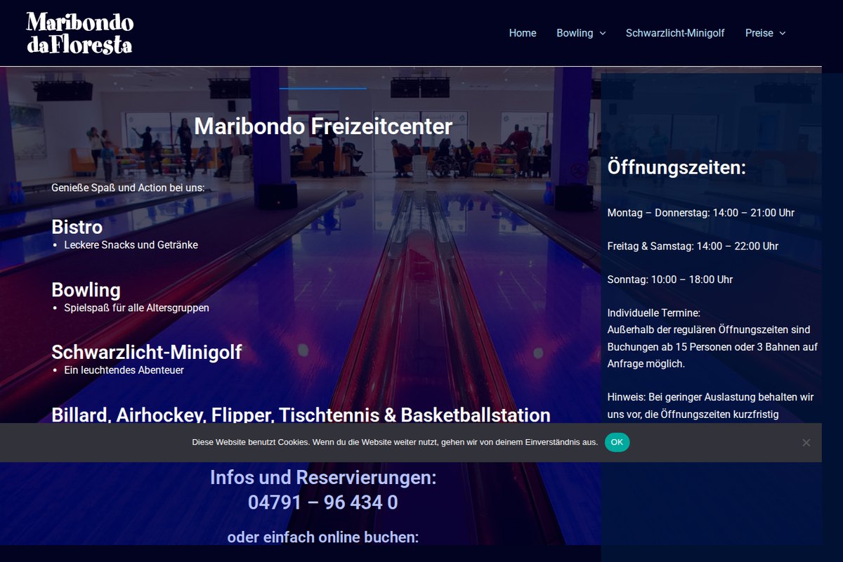 Bestehende Website des Maribondo Freizeitcenters